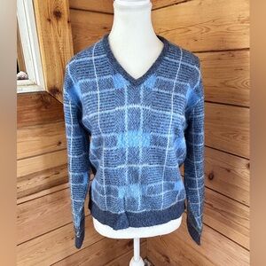 Vintage Mohair Blend Blue Plaid V Neck Sweater Size Small Y2K Soft Academia Knit